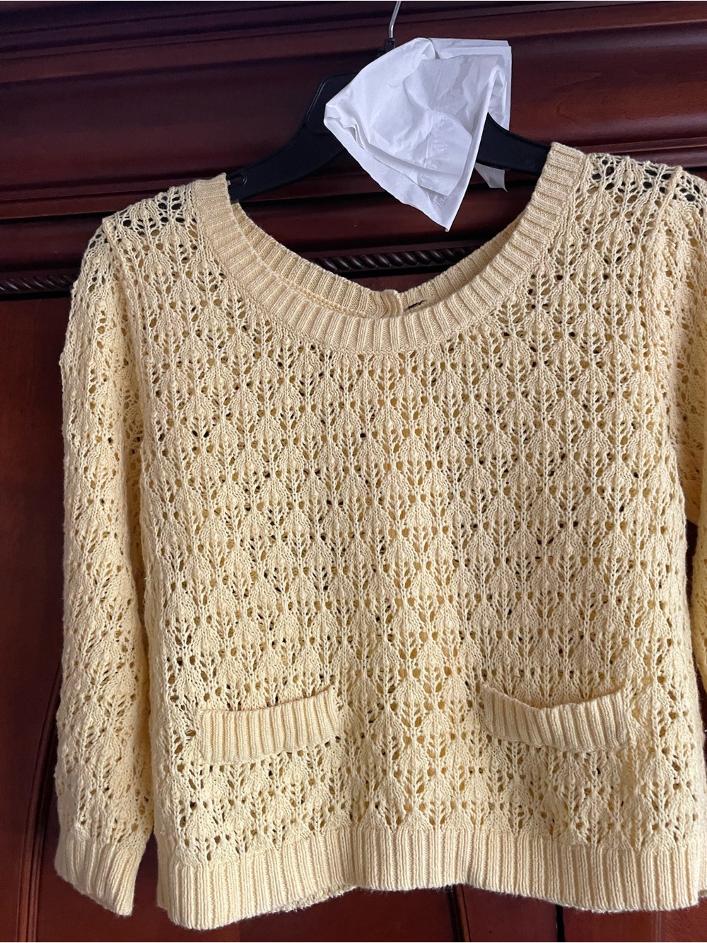 Light Yellow cropped Open-Knit Women's Sweater with Front Pockets
